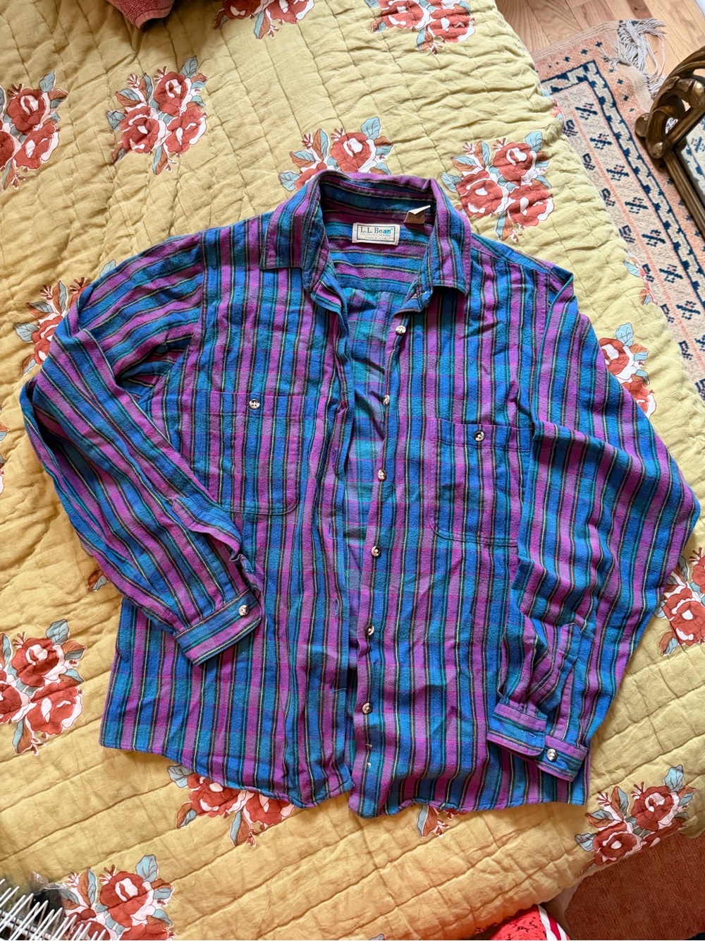 Vintage L.L. Bean Men's Striped Button-Down Shirt in Purple and Blue